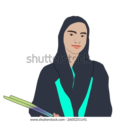 arab student, Saudi, middle eastern, university, , learn, UAE, vector, smart, study, cute, literature, looking, hold Book, green dress, standing, cheerful, black, attractive, portrait, female.college