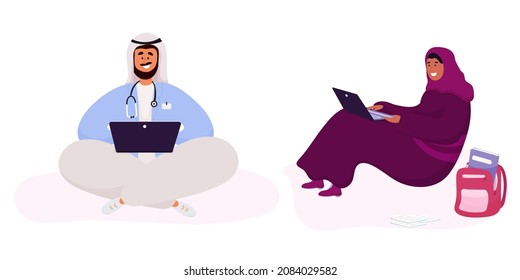 Arab students studying. Muslim men and women at the computer in traditional Arabic clothes. Vector concept illustration of muslim students.