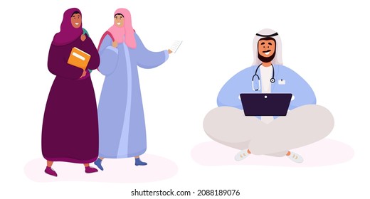 Arab Students Studying. Muslim Men And Women At The Computer In Traditional Arabic Clothes. Vector Concept Illustration Of Muslim Students.