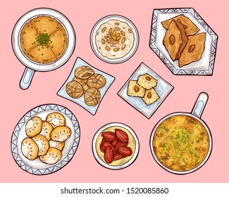 Arab sweets top view. Arabian ramadan food kunafa, maamul, rice pudding. Oriental cuisine pastry on porcelain plates with traditional ethnic ornaments, eastern culinary Cartoon vector illustration