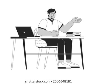 Arab teacher attracting attention by gesture black and white 2D line cartoon character. Man at desk isolated vector outline person. School personnel at workplace monochromatic flat spot illustration