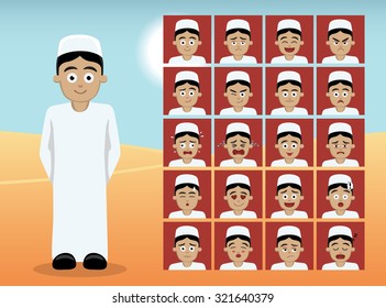 Arab Teen Boy Cartoon Emotion faces Vector Illustration