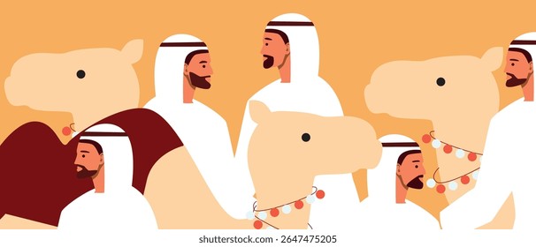 Arab tourists with camels as travel Indigenous or BIPOC people in Africa, flat vector stock illustration as concept of experiencing local culture and traditions