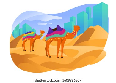 
Arab tourists walk in Dubai.
With camel vehicles and desert backgrounds. Flat illustration design  