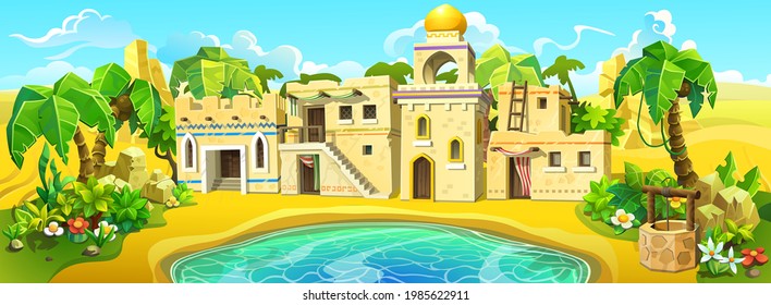 Arab Town In An Oasis Near A Lake And Palm Trees. An Old Muslim City In The Sandy Desert. Vector Illustration. 