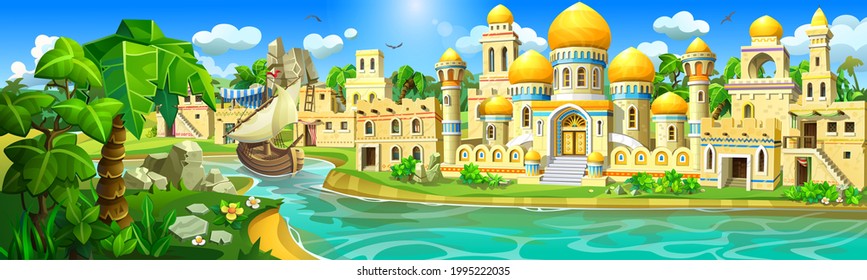 Arab town on the coast of a tropical river. Arabian palace with white walls, towers and golden domes, tents. 