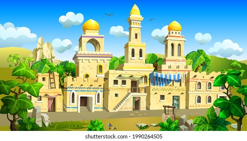 An Arab town with stone houses, large temples with domes. Vector illustration of an ancient town. 