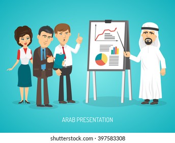 Arab in traditional arabic clothing doing presentation with flip chart to european people cartoon poster vector illustration