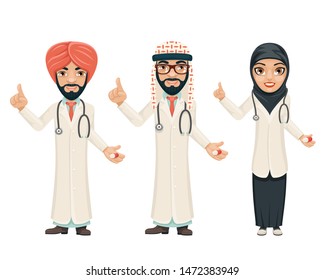 Arab traditional national muslim clothes doctor cartoon characters design set vector illustration