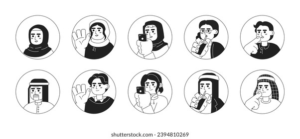 Arab turkish adults black and white 2D vector avatars illustration bundle. Brunette middle eastern women, men outline cartoon character faces isolated. Saudi, muslim hijab flat user profiles image set