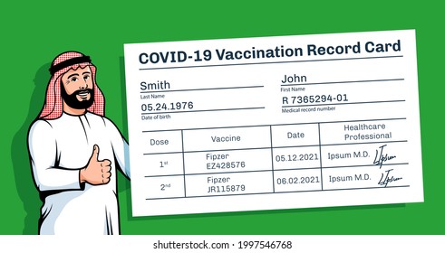 Arab with a vaccination certificate. Muslim with Covid-19 vaccination card. Vector illustration.