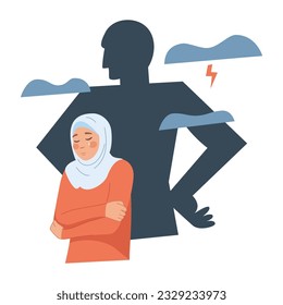 Arab violence. Sad scared muslim woman portrait with man bullying silhouette, islamic religion against young female harassment concept outcast girl in hijab vector illustration of hijab muslim stress