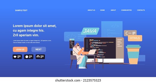 arab web developer creating program code on laptop screen development of software and programming concept