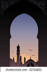 Arab window view islamic skyline with romantic birds.