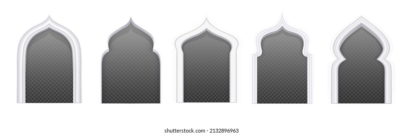 Arab windows arches different shapes for mosque, muslim and islamic architecture. Vector realistic set of vintage arabic windows frames in white wall with transparent background