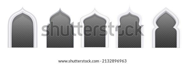 Arab windows arches different shapes for mosque, muslim and islamic architecture. Vector realistic set of vintage arabic windows frames in white wall with transparent background