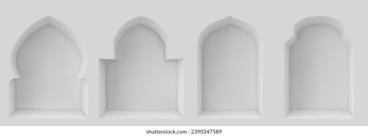 Arab windows set on white wall background. Vector realistic illustration of traditional islamic arch gate frame, muslim mosque, arabian royal palace, ancient indian building design, architecture style