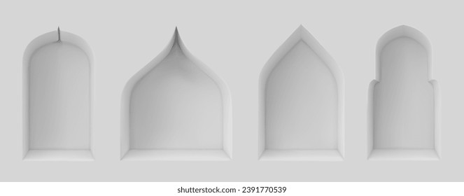 Arab windows set on white wall background. Vector realistic illustration of traditional islamic arch gate frame, muslim mosque, arabian royal palace, ancient indian building design, architecture style