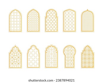Arab Windows Sign Color Thin Line Icon Set. Vector illustration of Gold Arch Window Arabesque Ornament Shapes