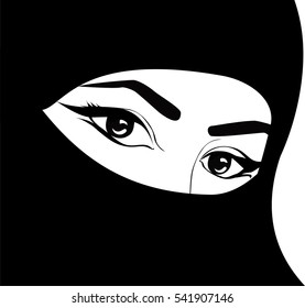 Arab woman in black veil. Monochrome portrait.