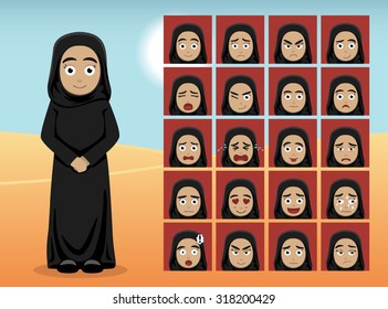 Arab Woman Cartoon Emotion faces Vector Illustration