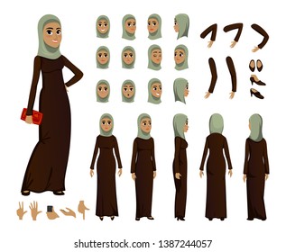 Arab Woman character constructor set in flat style. Muslim girl avatars or icons with different emotions and moving arms and head. Arabic woman wearing traditional clothing front, rear, side view. 