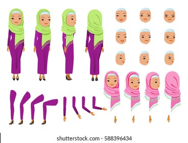 Arab woman character creation set. Icons with different types of faces and Hijab style, emotions,  front, rear, side view of female person. Moving arms, legs. cartoon Vector  illustration