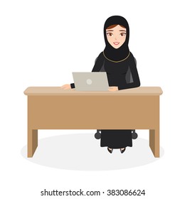 Arab Woman Character At Office Work. Muslim Woman.