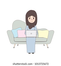 arab woman character using computer to communication doodle design. cartoon muslim and dubai vector in freelance job.