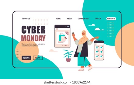 arab woman choosing goods on smartphone screen online shopping cyber monday big sale concept full length horizontal copy space vector illustration