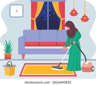 Arab woman cleaning the Rug using Electric Broom concept, Cleanliness is Half of Faith vector design, Eid al-Adha scene, Eid-al-Kabir Hajj banner, Traditional Arabic Muslim Festival stock illustration