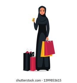 Arab woman with colorful shopping bags holding a credit plastic card. Vector illustration isolated from background