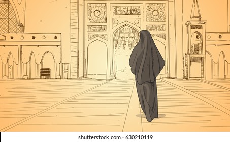 Arab Woman Coming To Mosque Building Muslim Religion Ramadan Kareem Holy Month Vector Illustration