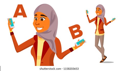 Arab Woman Comparing A With B Vector. Good Idea. Carrying A Balance. Blogger Review. Compare And Choose. Isolated Flat Cartoon Illustration
