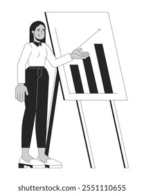 Mulher árabe conduzindo apresentação de negócios preto e branco personagem de linha 2D. Jovem especialista de marketing feminino perto de quadro branco isolado vetor pessoa contorno. Ilustração de ponto monocromático