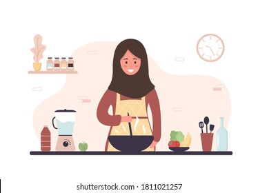 Arab woman cooking in kitchen. Smiling girl preparing homemade meals for lunch or dinner. Preparation homemade pastry or baking. Flat cartoon vector illustration.