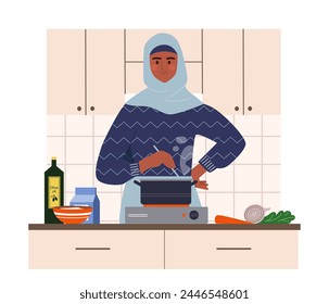 Arab woman cooking at kitchen. Young girl in hijab standing at kitchen and prepare food. Soup with vegetables and oil. Household chores and routine. Cartoon flat vector illustration