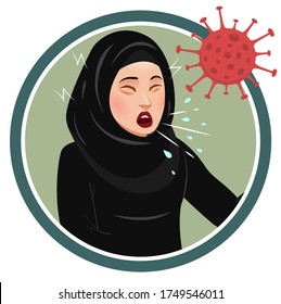 Arab woman coughing or sneezing. Saudi muslim girl infected by corona virus, showing symptoms of covid19 coronavirus flu infection. Arab female feeling sick or ill.