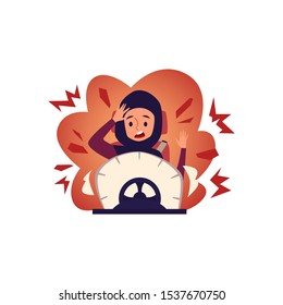Arab woman driving a car and has an accident cartoon flat vector illustration isolated on white background. A Muslim woman feels shocked in a car crash situation.
