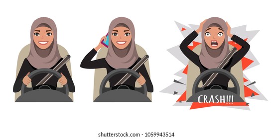 Arab woman driving a car. woman driving a car talking on the phone. The woman had an accident. crash