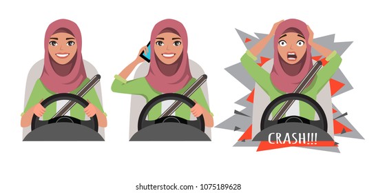 Arab woman driving a car. woman driving a car talking on the phone. The woman had an accident. crash