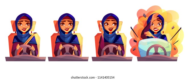 Arab woman driving car vector illustration of modern rich girl in Saudi Arabia hijab with not fastened seatbelt, talking on phone and get into accident with automobile crash and safety airbag