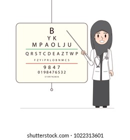 arab woman in eye care doctor testing some patient with eye check board. hospital people design.
