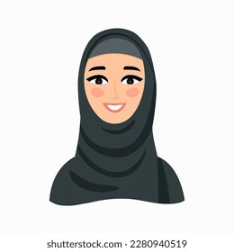 Arab Woman Face Covered with Hijab. Muslim woman. Muslim Girl Avatar. Avatar icon in flat style. Smiling girl in a scarf. Isolated vector illustration