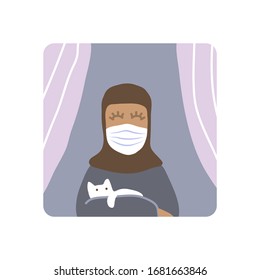 Arab woman with face mask and cat. COVID-19 conceptual vector illustration. Self isolation sign. Protection from coronavirus or respiratory virus. Prevent infection respiratory tract.