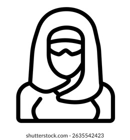 Mulher árabe com máscara facial e ícone da linha de headwear, conceito do deserto árabe. Gráficos vetoriais. Fátima, mulher casada avatar assinar sobre fundo branco, estilo móvel ou design