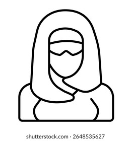 Arab woman with face mask and headwear thin line icon, arabian desert concept. Vector graphics. Fatima, married woman avatar sign on white background, style mobile or design