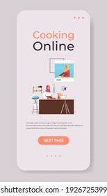 arab woman food blogger preparing dish while watching video tutorial with arabic chef in web browser window online cooking lesson concept vertical copy space vector illustration