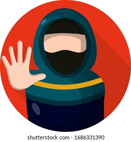 Arab woman and forbidding palm gesture. Extended arm. Sign to stop. Social flat Sign icon for app. Women's right. Islamic Girl in hijab
