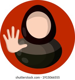 Arab woman and forbidding palm gesture. Extended arm. Sign to stop. Social flat Sign icon for app. Women's right. Islamic Girl in hijab